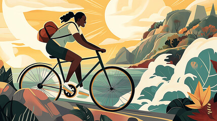 Biking on a scenic coastal trail, a Black couple enjoys the warmth of the sunset as waves crash against the rocks, capturing a moment of happiness and adventure