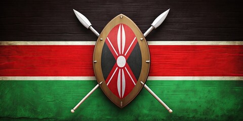 Kenyan flag featuring a Maasai shield and crossed spears, Kenya, East Africa, National symbol, Patriotic, African, Red, Green
