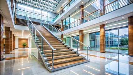 Fototapeta premium Stairs inside a modern office building , architecture, interior design, staircase, steps, handrail, concrete, steel