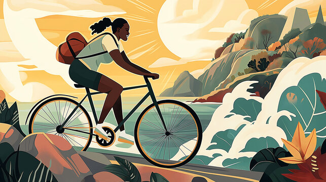 Biking on a scenic coastal trail, a Black couple enjoys the warmth of the sunset as waves crash against the rocks, capturing a moment of happiness and adventure