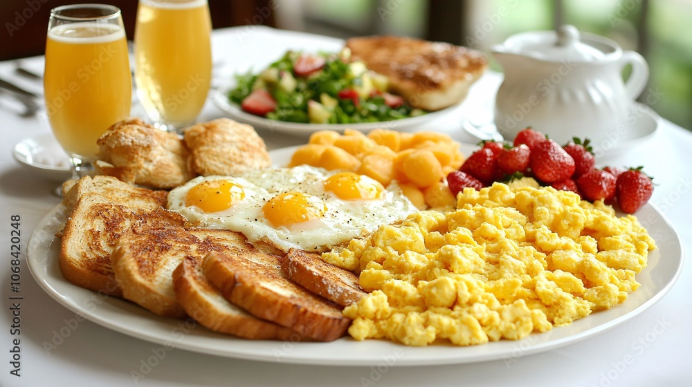 Poster a table filled with brunch items including scrambled eggs toast fruit salad and mimosas creating a s