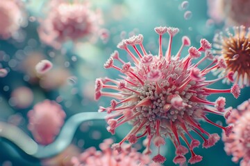 Microscopic view of dangerous coronavirus cells floating in a human body