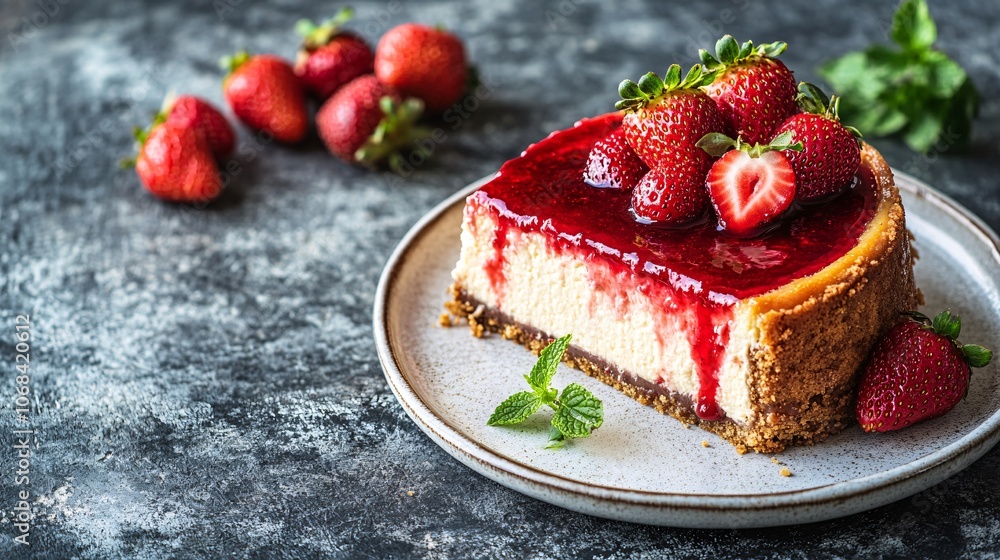 Poster a slice of cheesecake topped with fresh strawberries and a drizzle of sauce on a white plate creatin