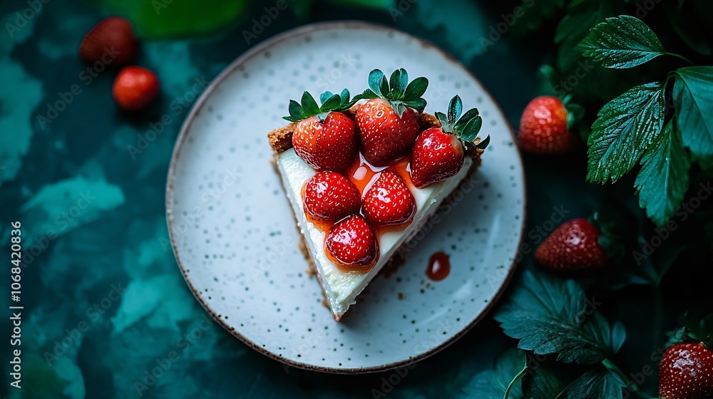 Poster A slice of cheesecake topped with fresh strawberries and a drizzle of sauce on a white plate creating a sophisticated dessert image with side empty space for text, Stockphoto style
