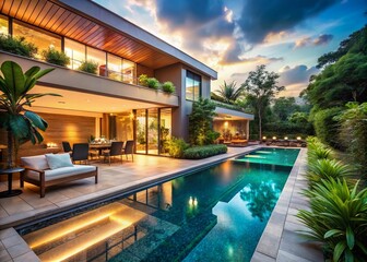 Fototapeta premium Serene Outdoor Escape Featuring a Stylish Home Interior Overlooking a Mesmerizing Pool in a Lush Landscape – Panoramic Photography for Tranquil Living Spaces
