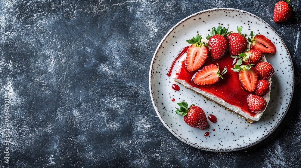 Poster A slice of cheesecake topped with fresh strawberries and a drizzle of sauce on a white plate creating a sophisticated dessert image with side empty space for text, Stockphoto style