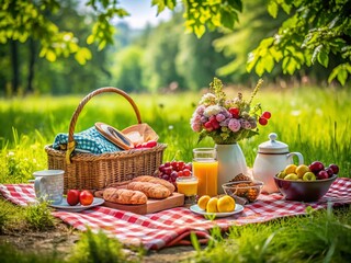 Serene Picnic on the Grass: A Conceptual Photography Exploration of Nature, Food, and Relaxation in a Lush Green Setting for Stock Imagery