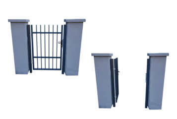 A gate with a wall painted purple. On isolated transparent background.