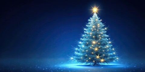 Glowing Christmas spruce tree on dark blue background, festive, holiday, illuminated, glowing, spruce, tree