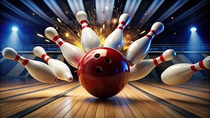 Bowling ball crashing into pins in a bowling alley, bowling, ball, pins, strike, impact, crash, action, recreation, sport, game