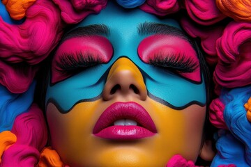 Obraz premium A striking abstract face features vibrant and colorful makeup, showcasing elaborate artistry and vivid detail. The artistic design exudes creativity and allure.