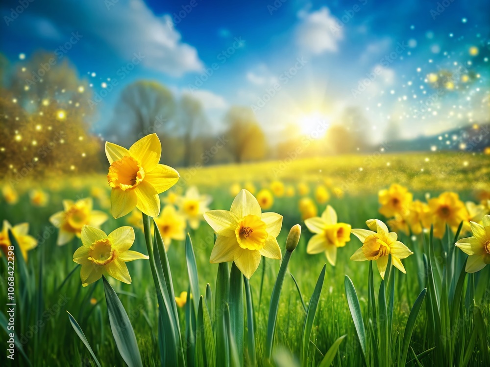Poster serene springtime nature background featuring a lush green grass field adorned with yellow daffodils
