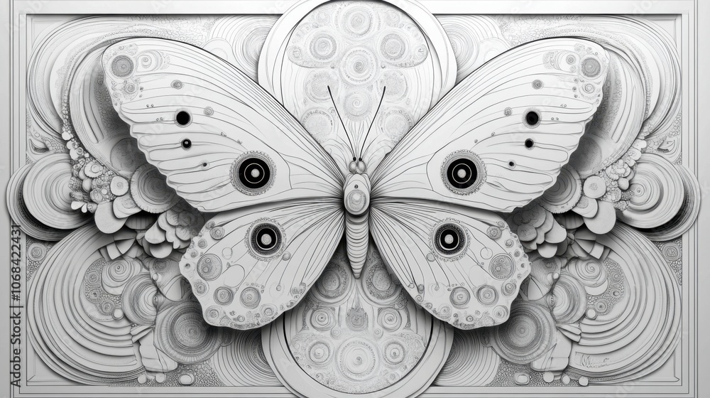 Aufkleber intricate monochrome butterfly design surrounded by swirling patterns and circular motifs on a textu