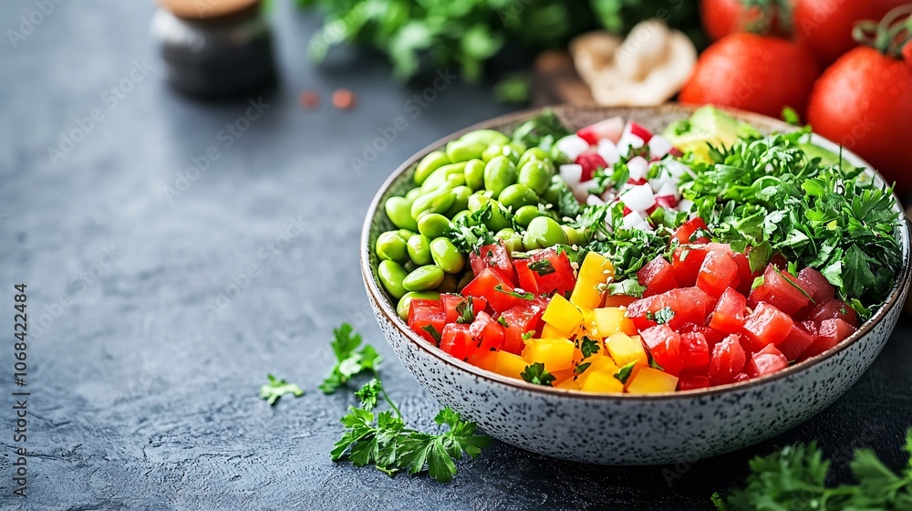 Poster a colorful poke bowl with fresh tuna avocado and edamame arranged on a table representing hawaiian f