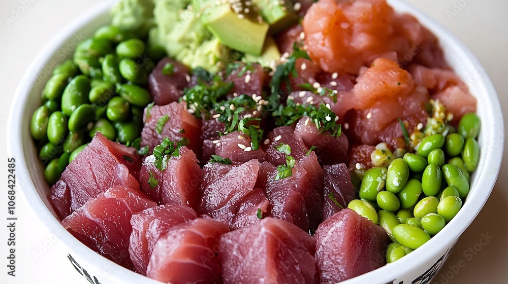 Poster a colorful poke bowl with fresh tuna avocado and edamame arranged on a table representing hawaiian f