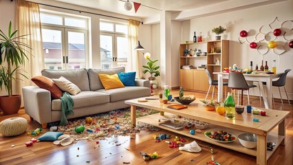 Fototapeta premium After party chaos in a messy living room at home , messy, clutter, chaotic, aftermath, dirty
