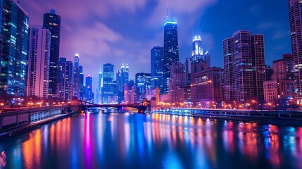 Fototapeta premium A stunning view of the Chicago skyline at night.