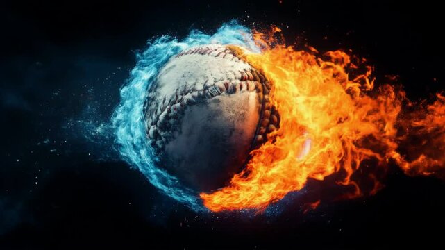 A baseball is surrounded by fire and water. The fire is orange and the water is blue