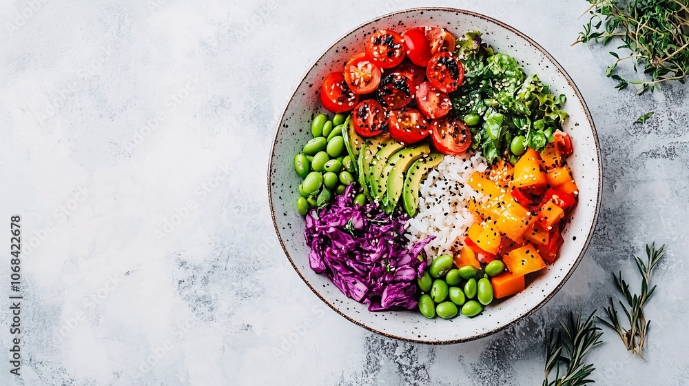 Poster a colorful poke bowl with fresh tuna avocado and edamame arranged on a table representing hawaiian f