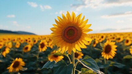 Vibrant sunflower field stretching endlessly to the horizon under a clear blue sky.