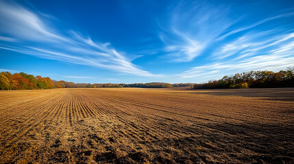Obraz premium Barren brown field under a blue sky at a tilted angle, outdoors, blue sky, natural background, landscape, peaceful, field, empty, agriculture, serene, sunny, soil,barren, rural, environment