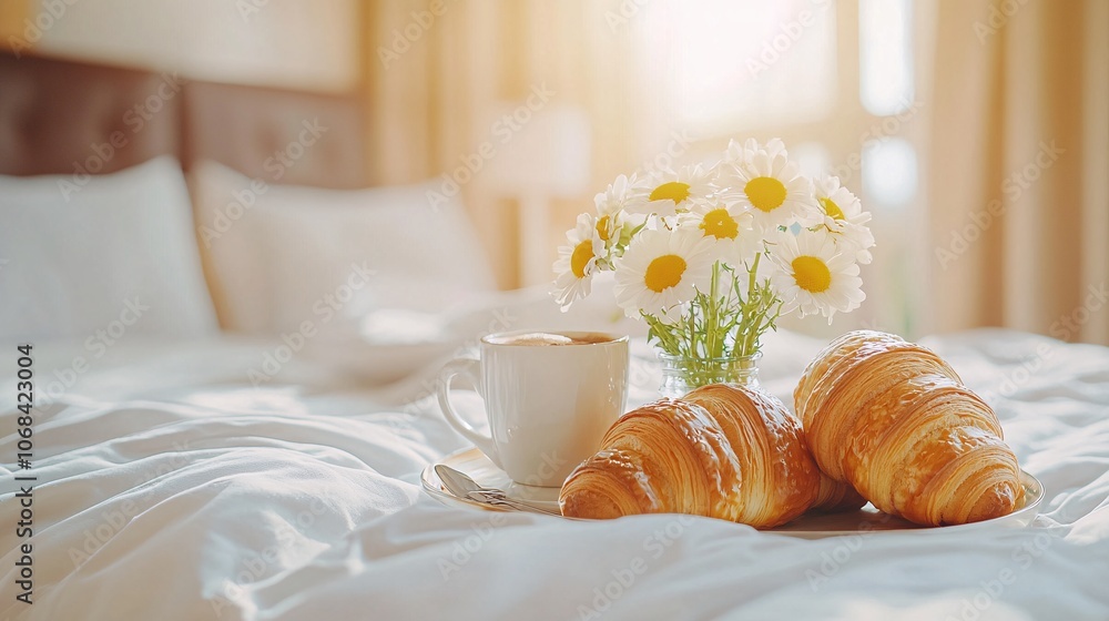 Poster a breakfast tray with coffee fresh croissants and a small vase of flowers served on a bed capturing 