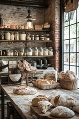 Naklejka premium Artisanal bakery with bread and flour jars in a rustic setting