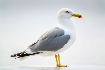 Fototapeta premium Serene White and Grey Seagull Isolated on a White Background, Perfect for Nature Photography and Minimalist Designs