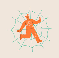 Woman trapped in a spider. Colorful vector illustration