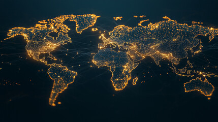 Abstract representation of continents formed by clusters of bright dots (data centers), interconnected by luminous lines