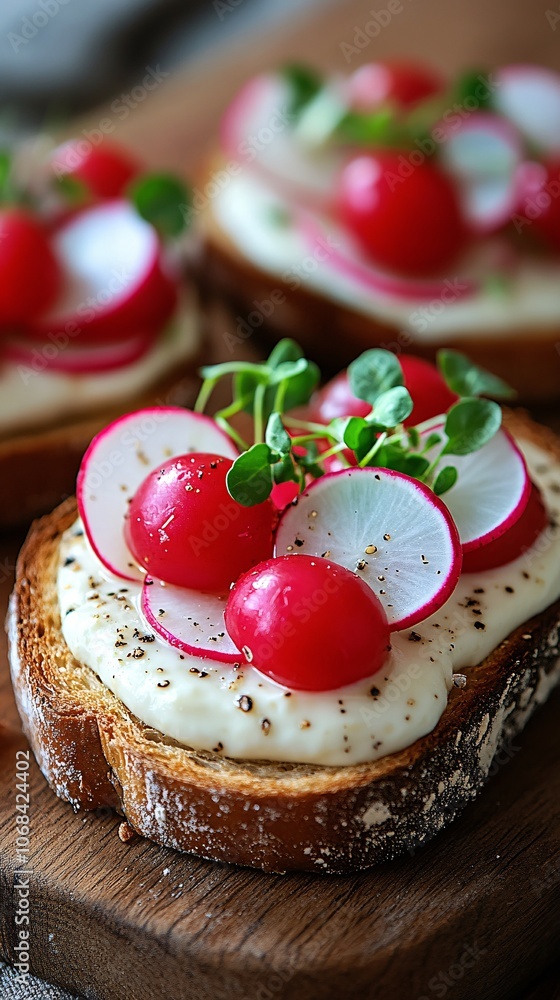 Poster An artisan avocado toast with microgreens sliced radishes and cherry tomatoes arranged on a rustic wooden board capturing a vibrant breakfast trend with side empty space for text Stockphoto style