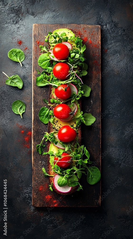 Poster an artisan avocado toast with microgreens sliced radishes and cherry tomatoes arranged on a rustic w