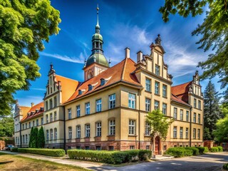 Obraz premium Side View of the Old School in Poznan, Capturing Architectural Details and Historical Charm in a Vibrant Urban Setting with Lush Greenery and Clear Blue Sky