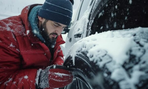 An auto mechanic installing winter tires on car at vulcanizing workshop