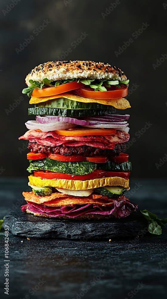 Poster a gourmet vegan burger stacked with layers of vegetables and a plant-based patty on a dark backgroun