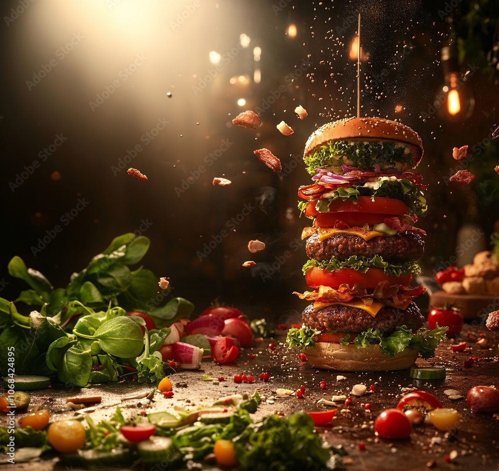 Poster a gourmet vegan burger stacked with layers of vegetables and a plant-based patty on a dark backgroun
