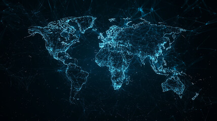 Global map in shades of blue, with data centers represented by bright pulses and connections as dynamic waves