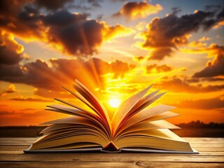 Silhouette of an Open Book Against a Golden Sunset, Capturing the Magic of Reading and Imagination in a Dreamy Atmosphere with Beautiful Light and Shadows