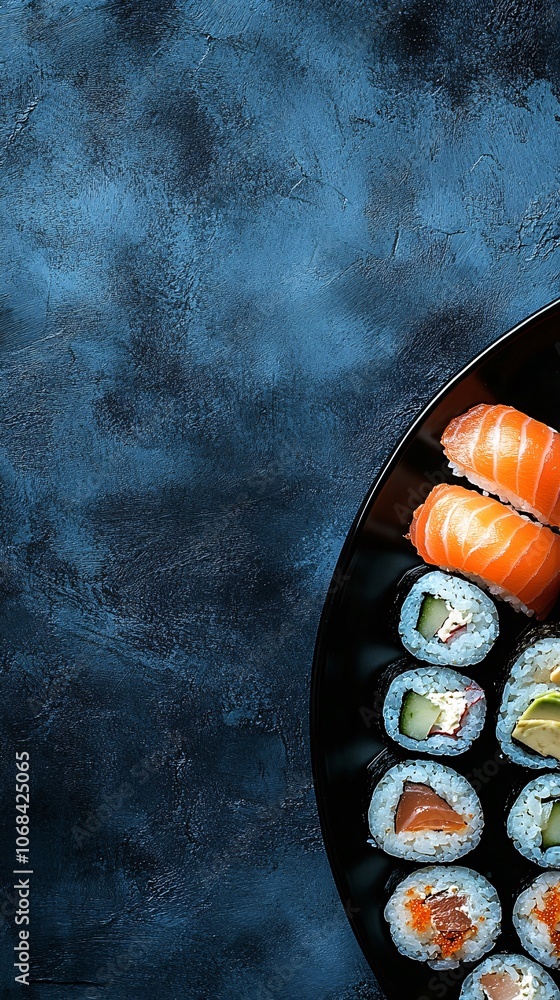 Aufkleber a selection of colorful sushi rolls with avocado and cucumber on a dark plate showcasing japanese-in