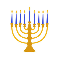 Menorah in flat style.  Jewish symbol of Hanukkah. Candlestick with 9 candles. Vector on a white background