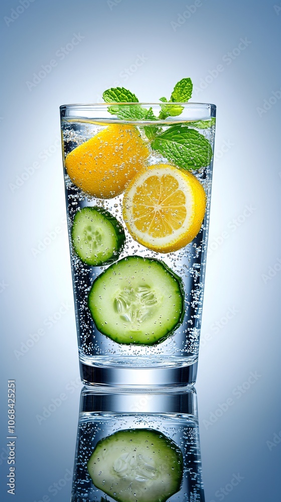 Poster A refreshing glass of detox water with cucumber lemon and mint leaves against a light background representing hydration and wellness with side empty space for text Stockphoto style