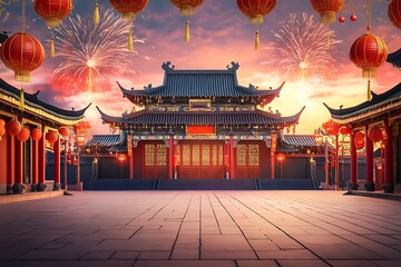Entrance on the chinese bridge in perspective. Panorama chinese street with old houses, chinese arch, lanterns and a garland. Ancient temples. Chinese New Year. 