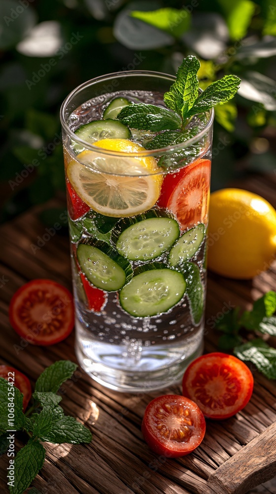 Poster A refreshing glass of detox water with cucumber lemon and mint leaves against a light background representing hydration and wellness with side empty space for text Stockphoto style