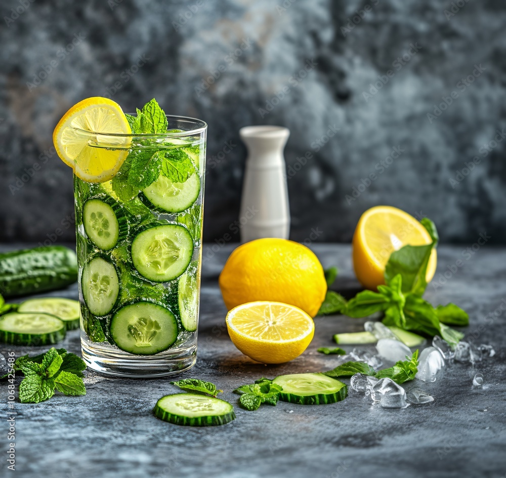 Leinwandbilder a refreshing glass of detox water with cucumber lemon and mint leaves against a light background rep