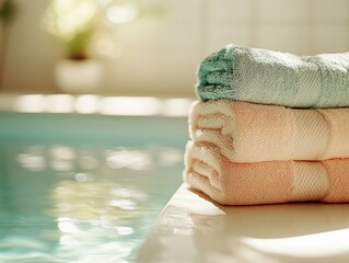 Three towels are stacked on top of each other in a bathtub