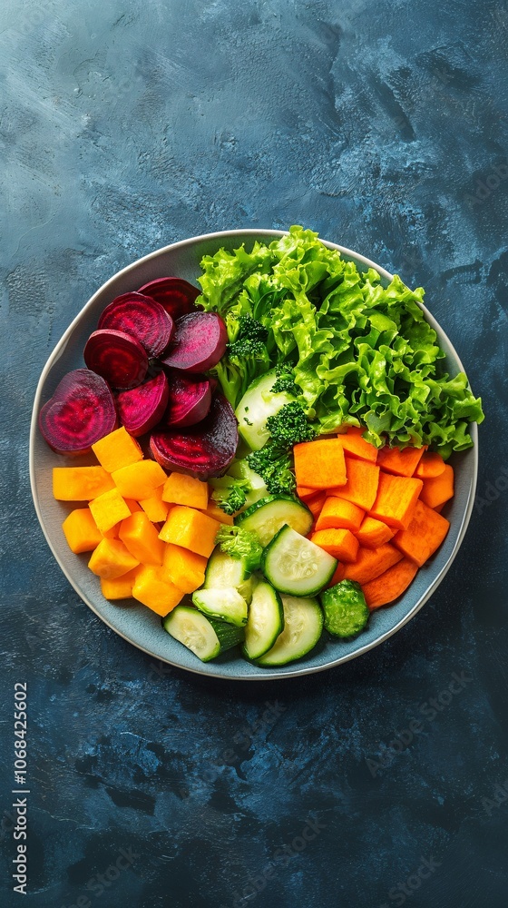Poster a plate of roasted mixed vegetables including carrots beets and zucchini arranged in vibrant colors 