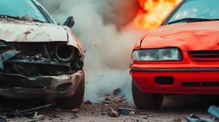 Two cars colliding in an abandoned industrial zone with broken metal scattered around creating a dramatic and chaotic scene of destruction and danger