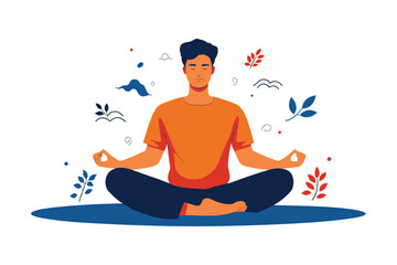 Flat Illustration of a Man Practicing Meditation Surrounded by Nature Elements
