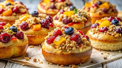 Deliciously baked buns topped with fresh fruits and a crisp crumble, all elegantly presented on white baking paper for a delightful treat.