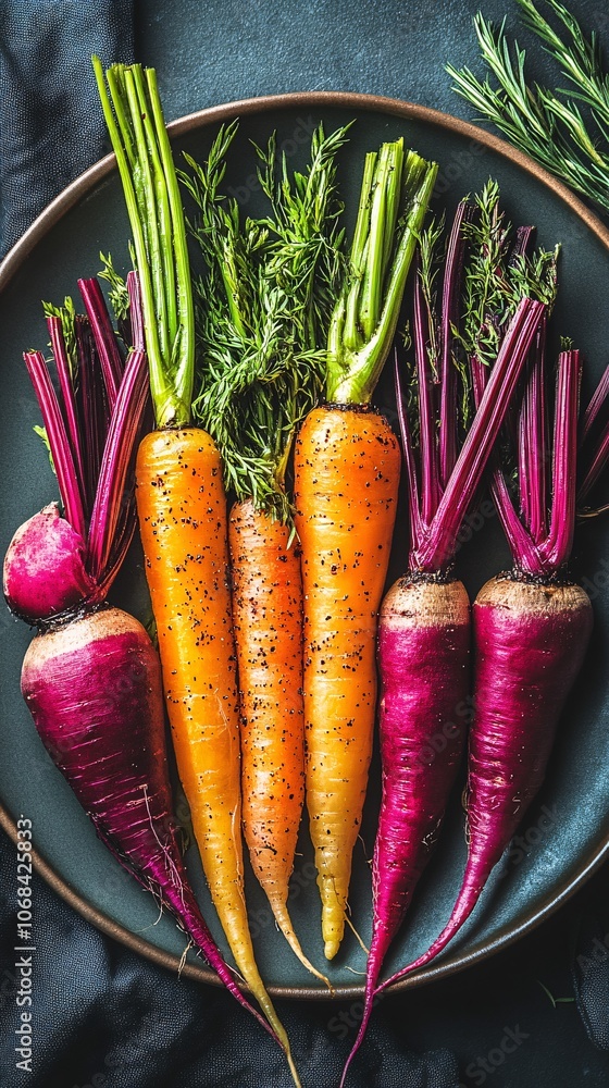 Poster a plate of roasted mixed vegetables including carrots beets and zucchini arranged in vibrant colors 